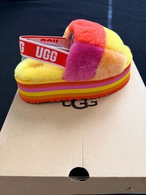 UGG Multicolor Fluff Platform Slide - Yellow Pink Orange Purple